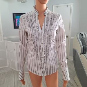 Cache ruffled white button down silver striped shirt size M